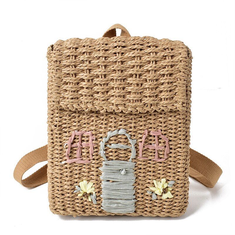 Straw Woven Bag Backpack 20-35L Hasp Polyester Brown Purse Retractable Traveling