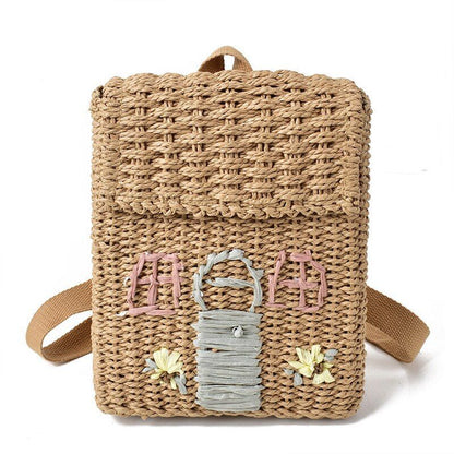 Straw Woven Bag Backpack 20-35L Hasp Polyester Brown Purse Retractable Traveling