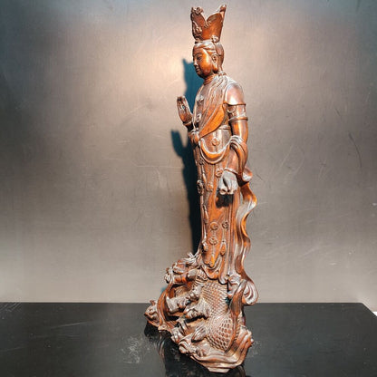 Buddhism Carved Sharks kwan yin Guan Statue Wooden Quan Bodhisattva Praying Rare