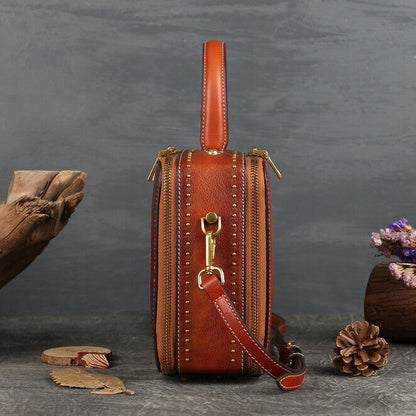 Women's Retro100% Genuine Leather Handbag Embossed Crossbody Shoulder Square Bag