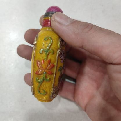 Chinese Bejing Glass Snuff Bottle Carved Magpie Peony Flower Painted Gilding Art