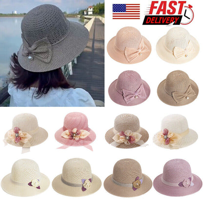 Women's Bow Large Floppy Folding Wide Brim Cap Sun Straw Summer Beach Hat New