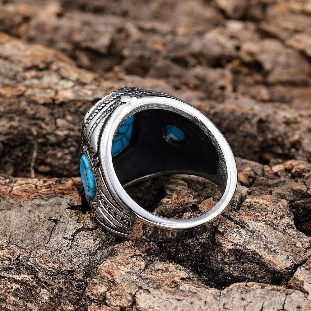 Mens Jewelry 316l Stainless Steel Oval Blue Turquoise Men Ring Stone Size 7-13