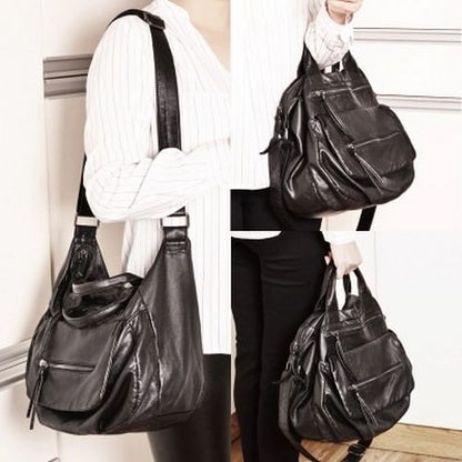 Novelty Black Washed Synthetic Leather Handbag Large One Shoulder Satchel Purse