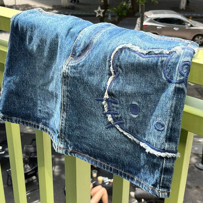 Japanese retro cute girlHello Kitty embroidered denim skirt casual street skirt