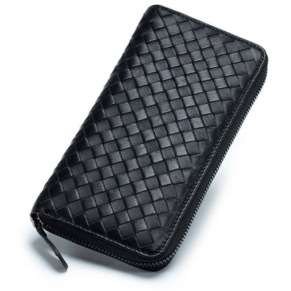Sheepskin Leather Clutch Wallets Men's Zipper Long Weaving Bag Card/Phone Holder