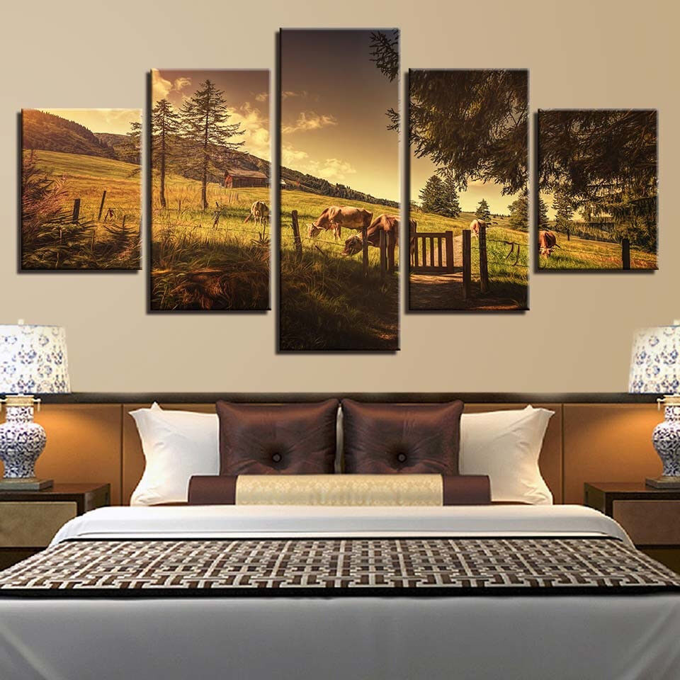Herd Cow Ranch Cabin Pastoral Landscape 5 Panel Canvas Print Wall Art Home Deco