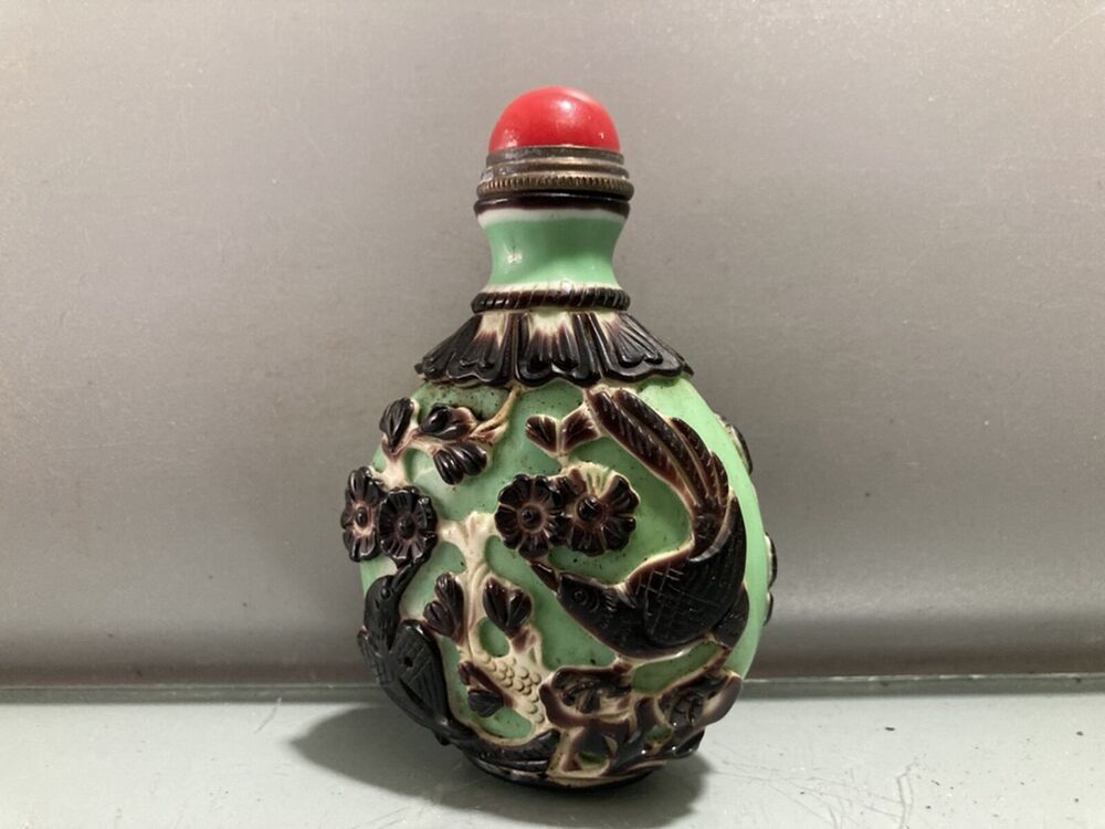 collections peking chinese glass snuff bottle carved flower bird statue carving