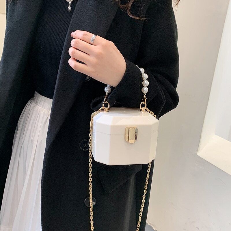 Box Handbags Women Pearl Beads Decor Lock Chain Shoulder Bag Purses Bag