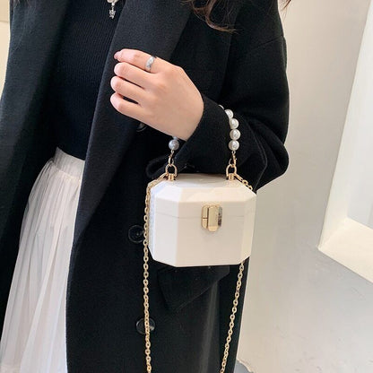 Box Handbags Women Pearl Beads Decor Lock Chain Shoulder Bag Purses Bag