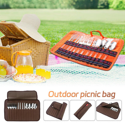 Outdoor Stainless Steel Fold Tableware Sets Spork Chopsticks Travel Picnic Bag