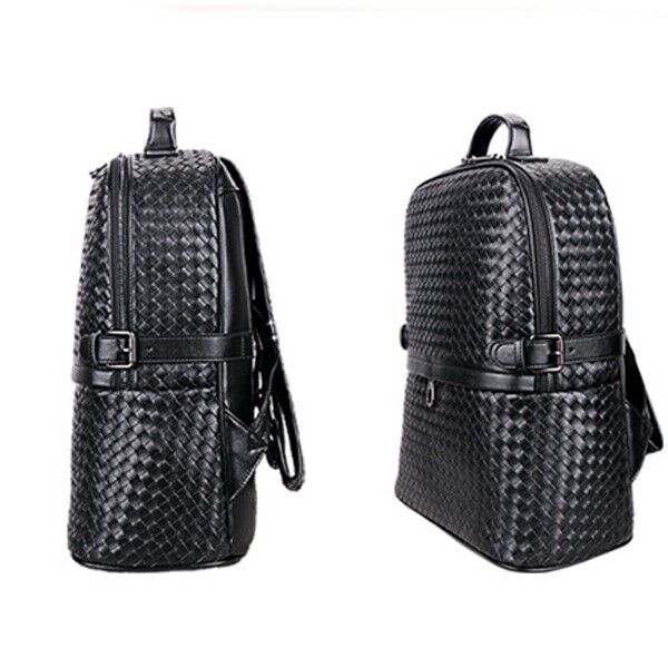 Top Real Leathe Handmade Weaving Men's Backpack Black Travel Bag School Rucksack