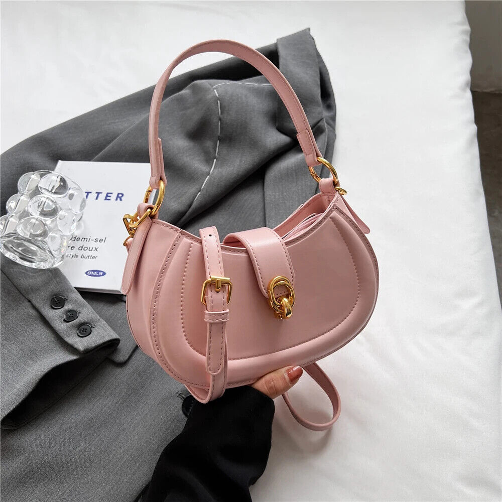 Saddle Shoulder Cossbody Bags Women Short Handle Half Moon PU Leather Handbags