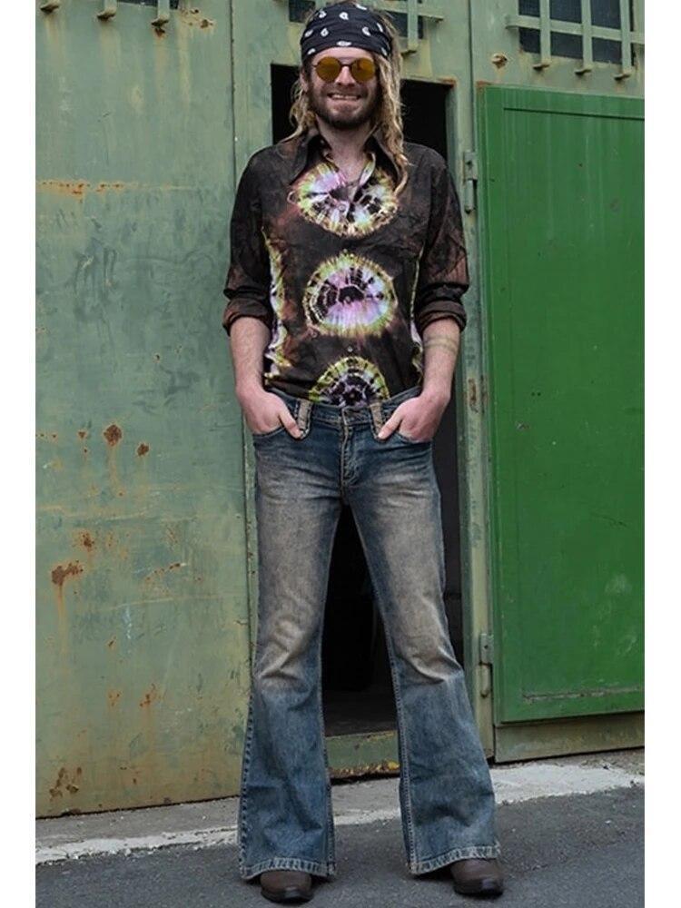 Really Punk Retro Men Bell Bottom Jeans Slim Flared Denim Pants 60s 70s Trousers