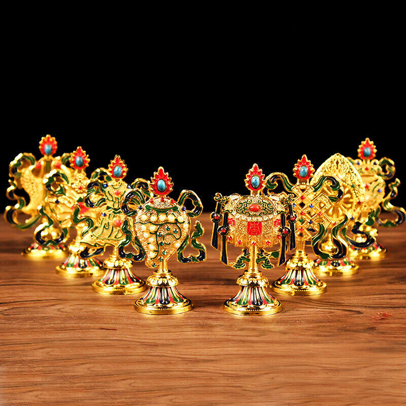 8 Pcs Painted Tibetan Engraved Eight Treasures Auspicious Statue Buddhism