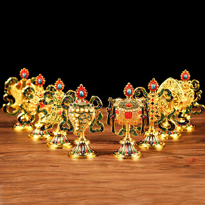 8 Pcs Painted Tibetan Engraved Eight Treasures Auspicious Statue Buddhism