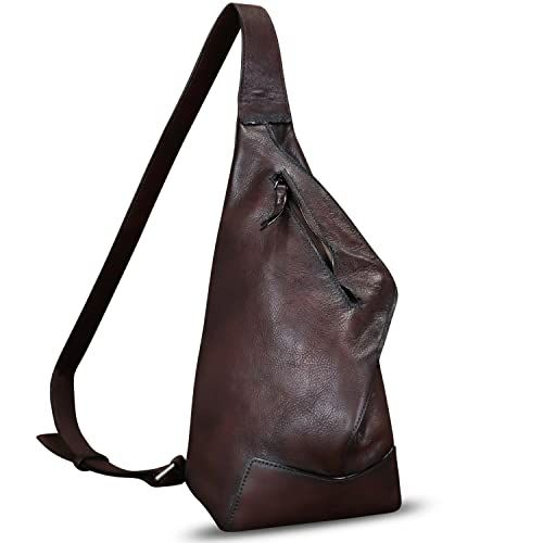 FEIGITOR Genuine Leather Sling Bag Retro Crossbody Medium, Coffee