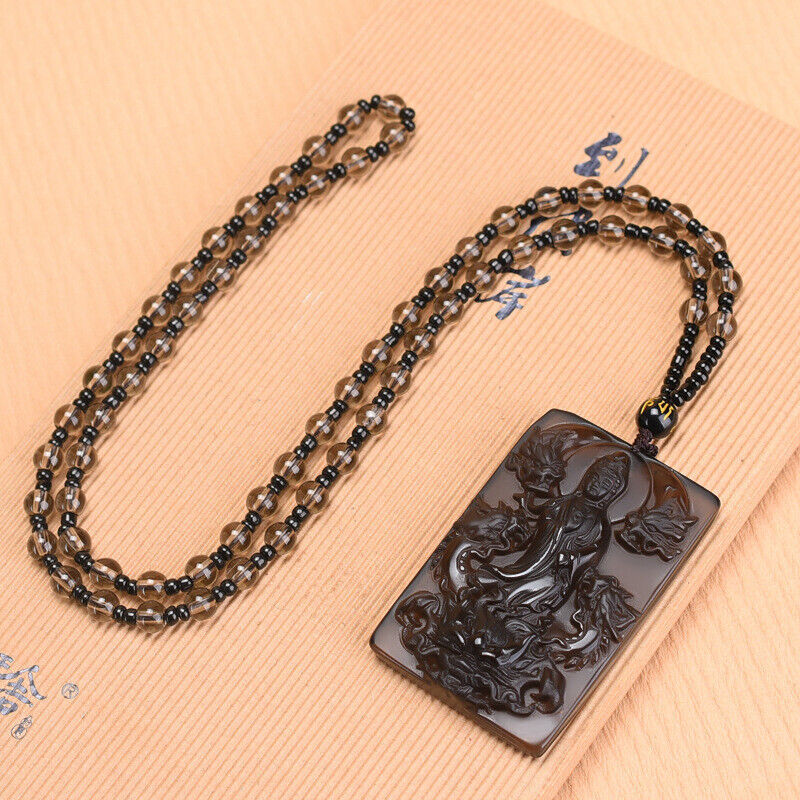 Natural Ice Obsidian Dragon Riding Guanyin Pendant with Necklace Pendant