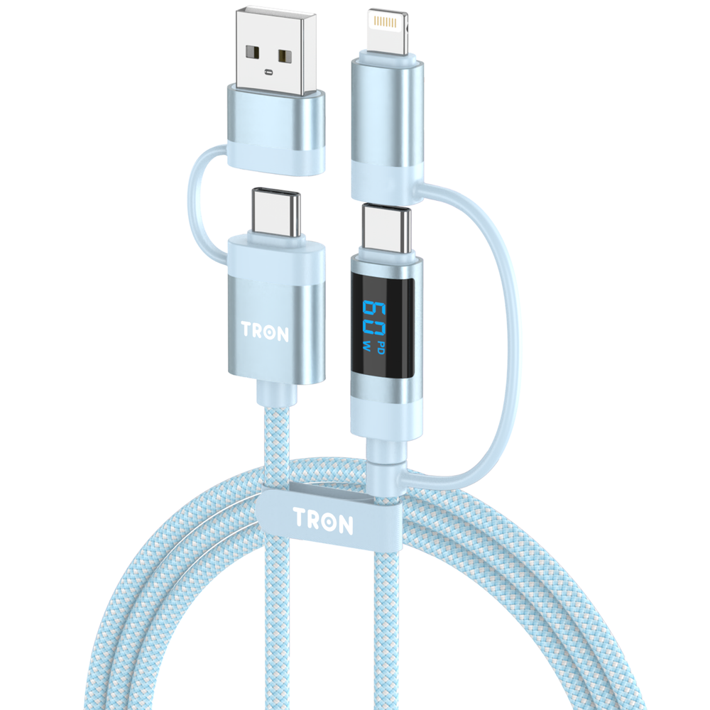 TRON 60W 4-in-1 Braided Charging Cable with Smart Digital Display, 5FT