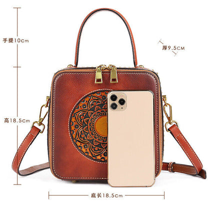 Women's Retro100% Genuine Leather Handbag Embossed Crossbody Shoulder Square Bag