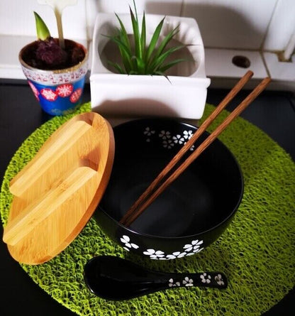 4 Piece/Set Ceramic Bowls Spoon+Chopstick Wooden Deck Instant Noodles Containers