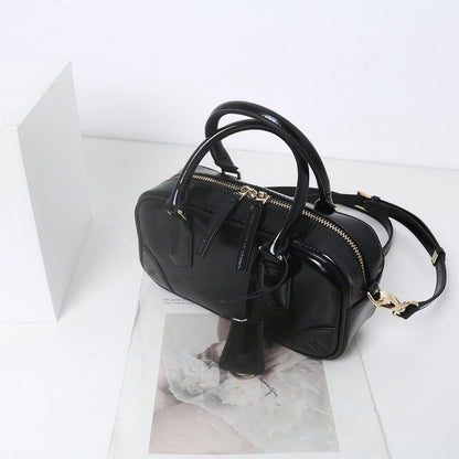 Small Glossy Real Leather Tote Boston Bowling Handbag Fashion Shoulder Bag Purse