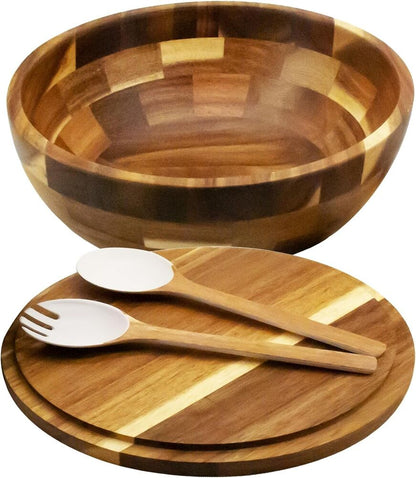 Wooden Salad Bowl with Lid and Utensils Large Serving Bowl Set for Vegetables