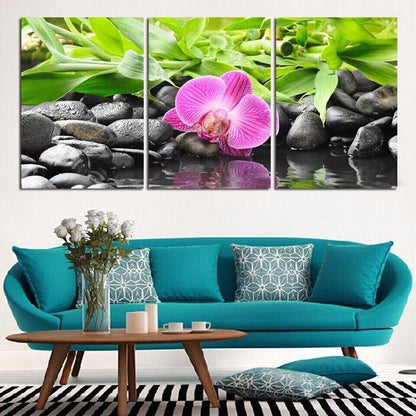 Pink Flower Black Stones 3 Piece Canvas Print Wall Art Poster Home Decoration