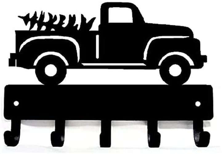 Vintage Pickup Truck & Tree - Key Rack Hanger - 9 inch Wide Metal Wall Art