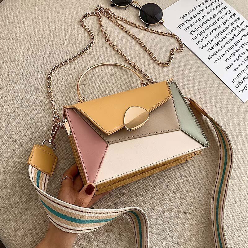 Contrast PU Leather Shoulder Messenger Bag Handle Strap Portable Bag