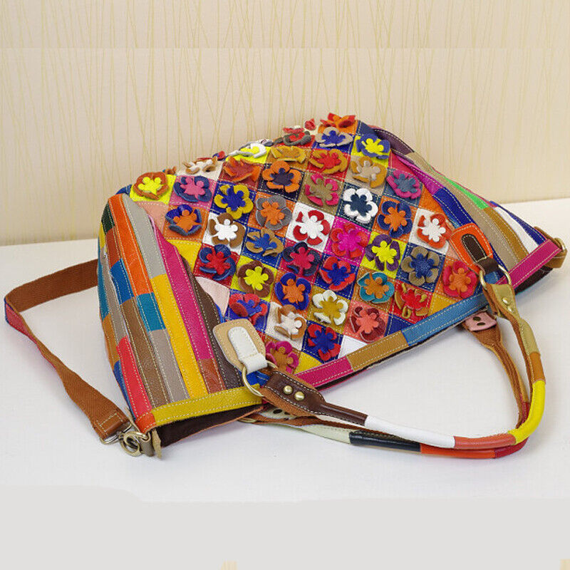 Designer Cow Leather Colorful Floral Patchwork Handbag Women's Tote Shoulder Bag