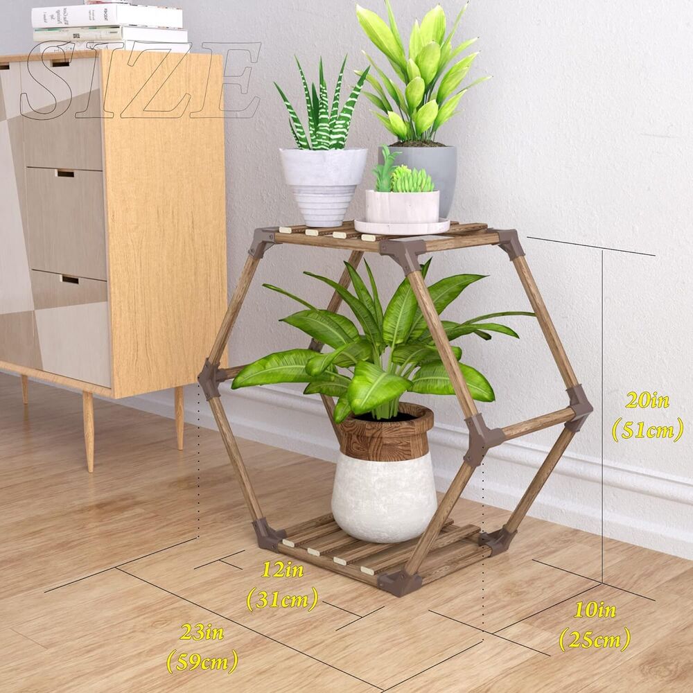 Wooden Hexagonal Plant Stand Rack Indoor Outdoor Creative Flowers Decor 2 Tiered