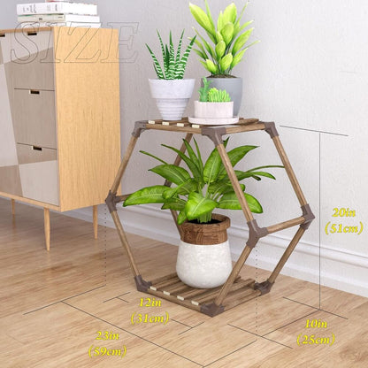 Wooden Hexagonal Plant Stand Rack Indoor Outdoor Creative Flowers Decor 2 Tiered