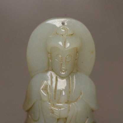 Chinese Antique Natural Hotan Jade Carving Guanyin Statue Pendant Jewelry Gift
