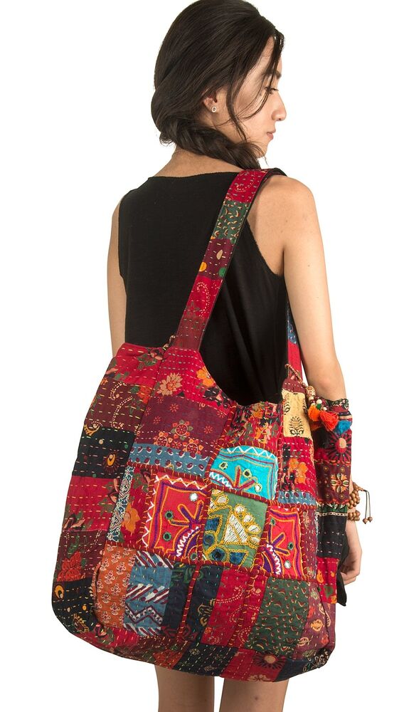 Large Shoulder Bag Red Quilted Embroidered Market Shop School Large,