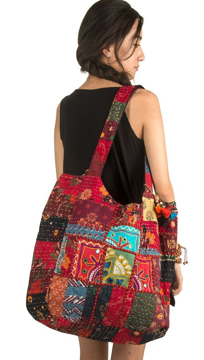 Large Shoulder Bag Red Quilted Embroidered Market Shop School Large,