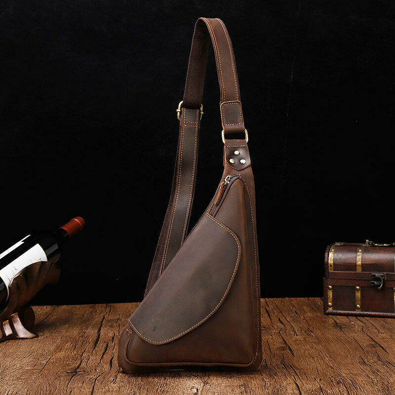 Crazy Horse Leather Men's Sling Crossbody Chest Bag Shoulder BagTriangle Daypack