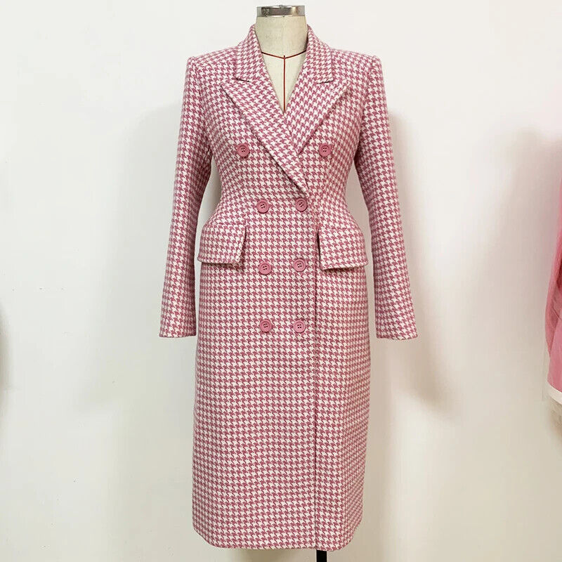 Fall Winter Overcoat Women's Double Breasted Pink Tweed Wool Long Coat