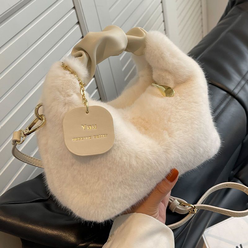 Faux Fur Handbag Zipper Small Shoulder Crossbody Bag Casual Tote Half-Moon Hobos