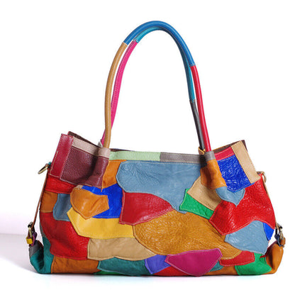 100% Genuine Leather Colorful Blocks Patchwork Handbag Women's Tote Shoulder Bag