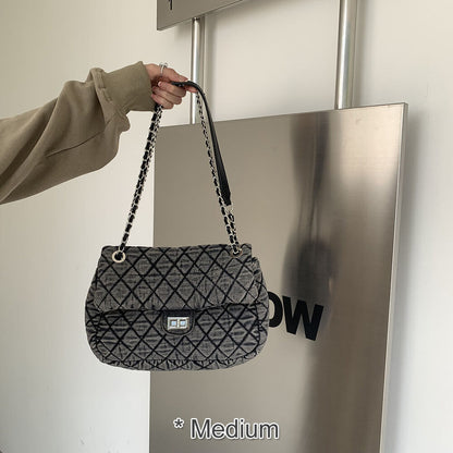Large Quilted Denim Shoulder Bag Flap Purse Handbag w/ Chains Fashion Hobo Tote