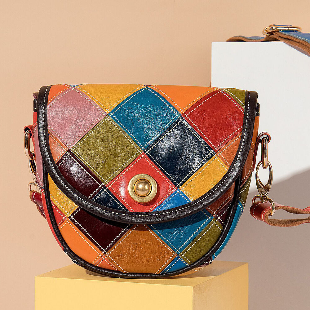 100% Genuine Leather Bags Colorful Blocks Patchwork Women's Sling Shoulder Bag