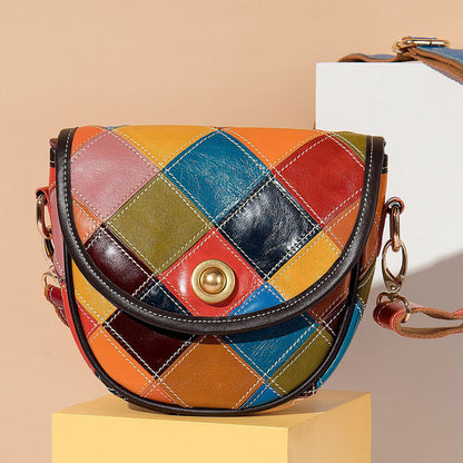 100% Genuine Leather Bags Colorful Blocks Patchwork Women's Sling Shoulder Bag