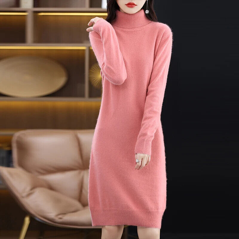 Women's High Back Collar Long Sweater Casual Long Sleeve Dress