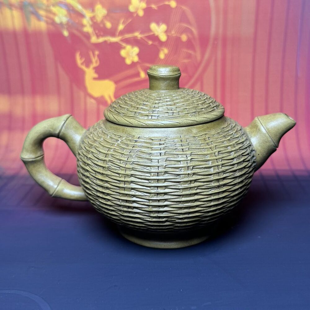 Vintage Chinese Yixing Purple Clay Teapot Zisha Ceremony Carving Bamboo Teaware