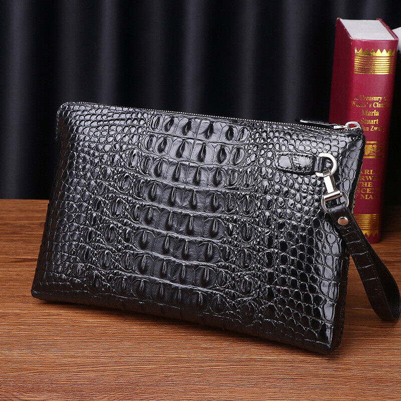 Top Cow Leather Men's Business Clutch, Luxury Crocodile Embossed Envelope Bags