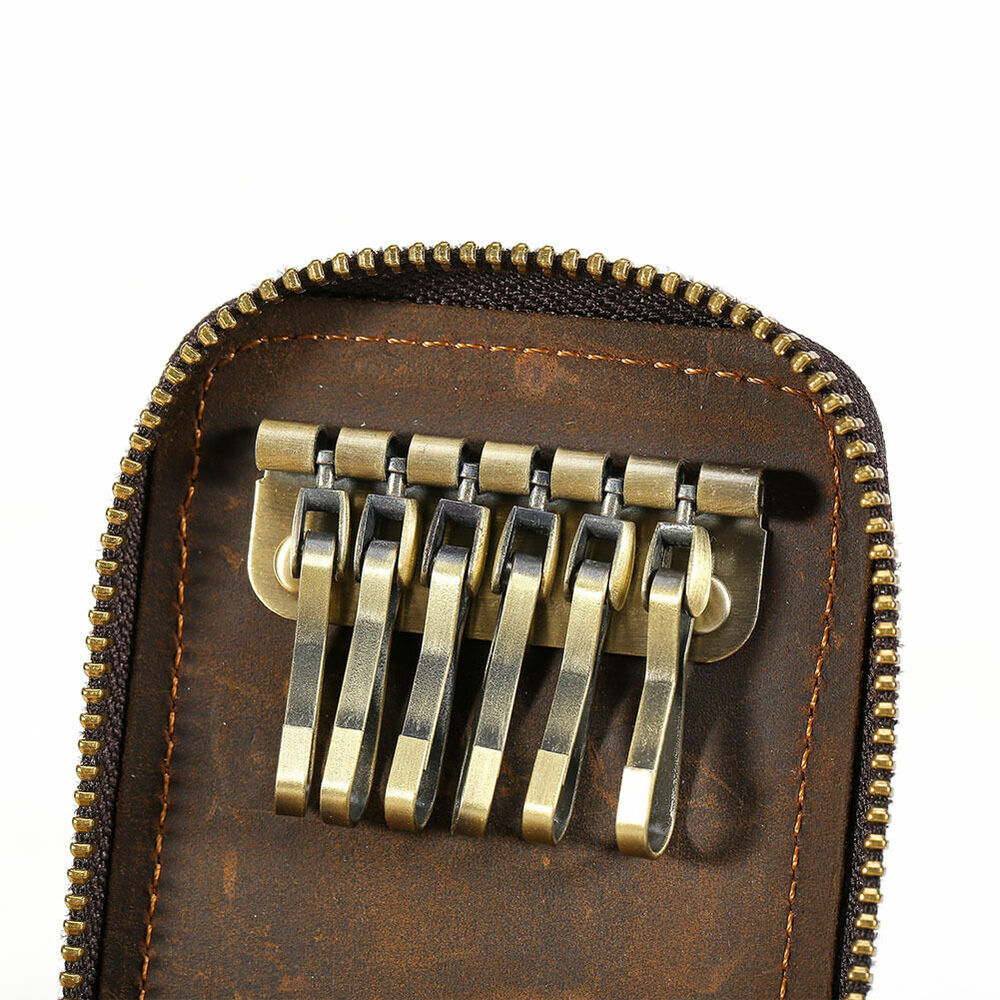 Men's Unisex Leather Belt Key Holder Case Credit Card Bag Wallet Zip Aound Brown