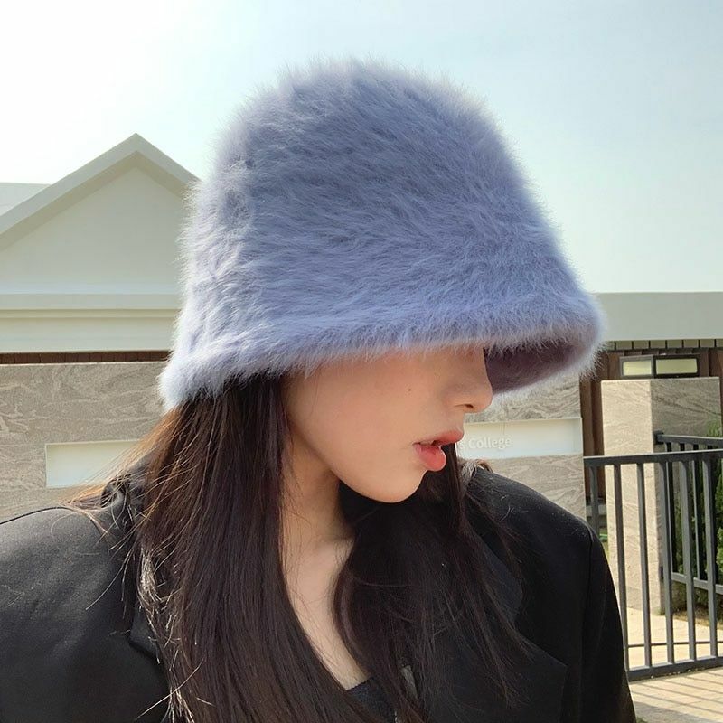 Hat Winter Women Solid Color Rabbit Fur Bucket Cap Fisherman Retro Knitted Wool