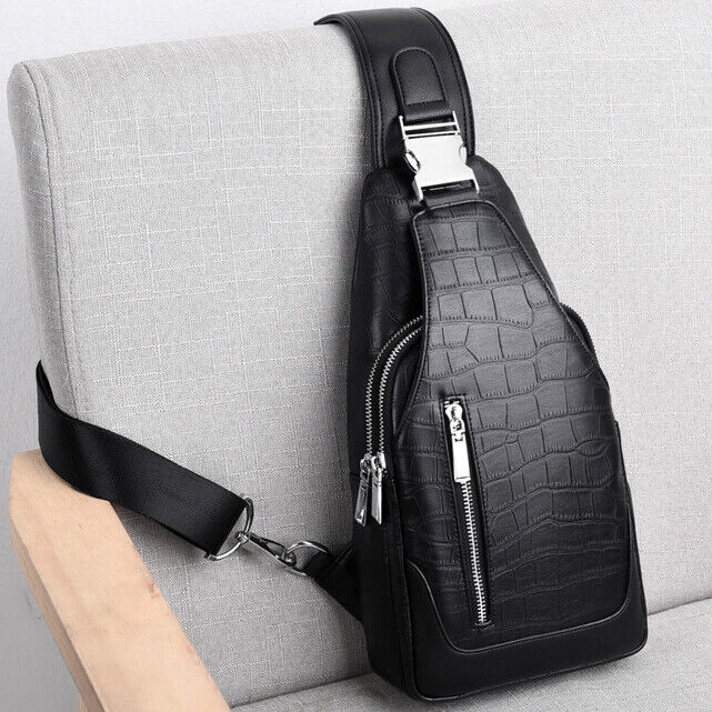 Men's Sling Backpack 100% Genuine Leather Crocodile Crossbody Chest Bag Daypack