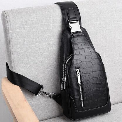 Men's Sling Backpack 100% Genuine Leather Crocodile Crossbody Chest Bag Daypack